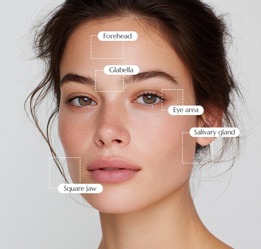 보톡스 시술 부위: 이마(Forehead), 미간(Glabella), 눈가(Eye area), 침샘(Salivary gland), 사각턱(Square jaw)